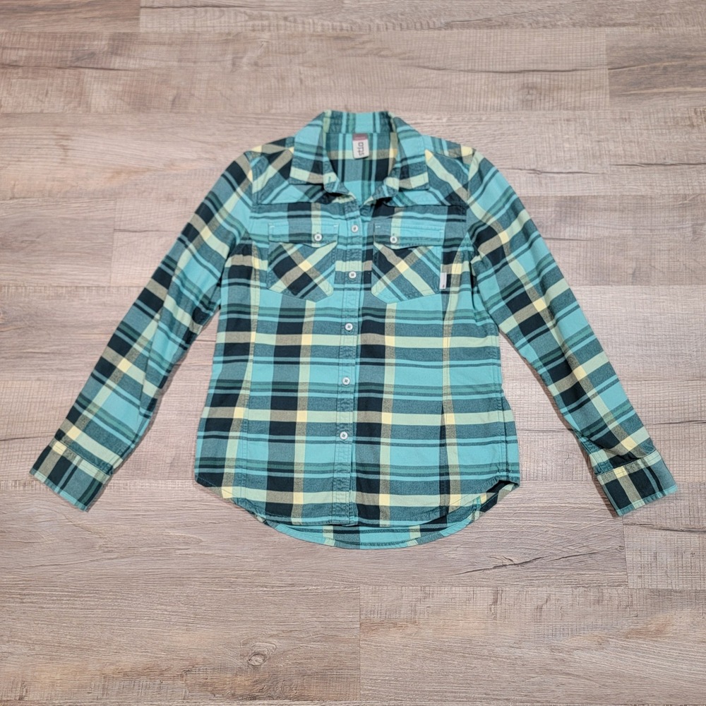 Stio Womens Small Flannel Shirt Teal Plaid Long Sleeve Cotton Button Up 1212